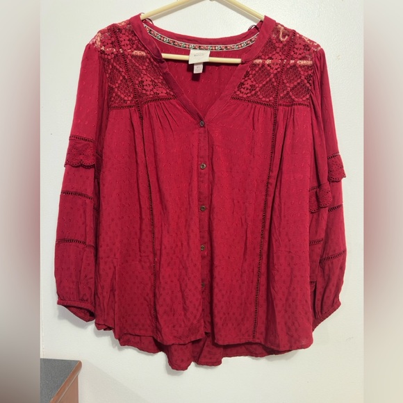 Knox Rose Tops - Knox Rose Deep Red Blouse with Lace Accents